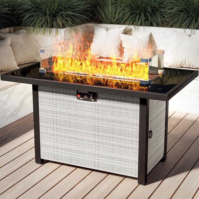 Propane Outdoor Fire Pit Table, Outdoor Gas FirePit W/Glass Wind Guard by Olimix