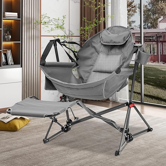 Camping Chair with Adjustable Recline and Detachable Footrest, Dark Grey