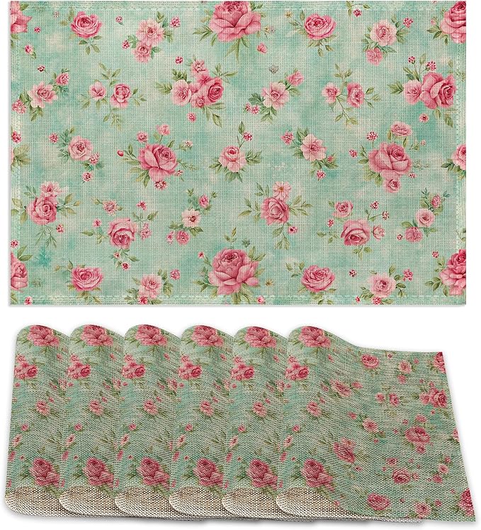 6 Pcs Placemats, Vintage Floral Table Mats Washable Recyclable Table Placemats by ZTHLL