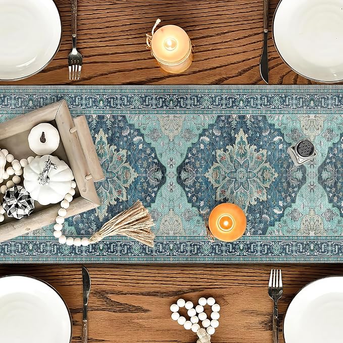 OYIMUA Boho Floral Pattern Summer Table Runner 72 Inches Long Teal and Blue - Image 2