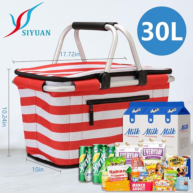 SIYUAN Picnic Basket with Handles 30L Leakproof Insulated Cooler Stripped - Image 2