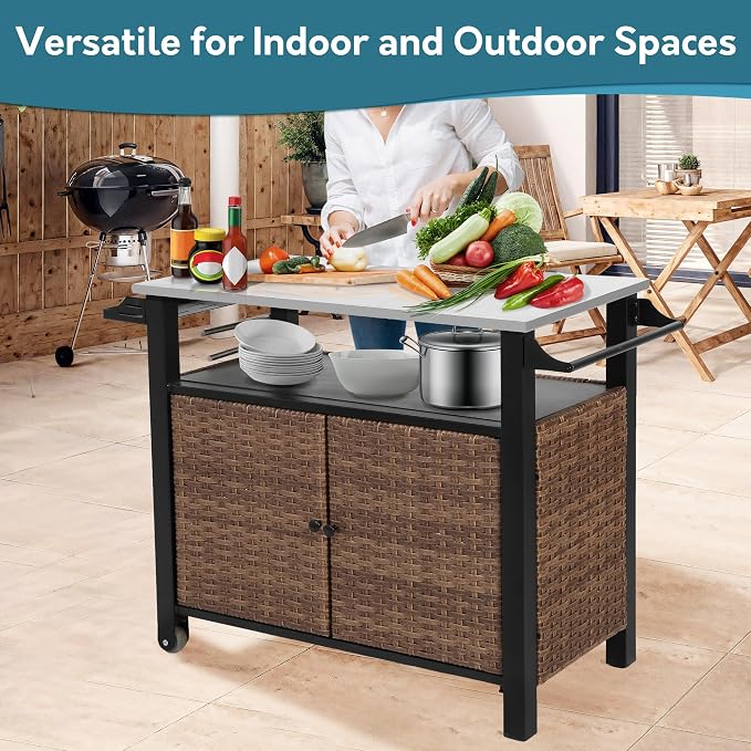 Patio Grill Cart with Wicker Storage, Outdoor Kitchen Island Serving Cart with - Image 6