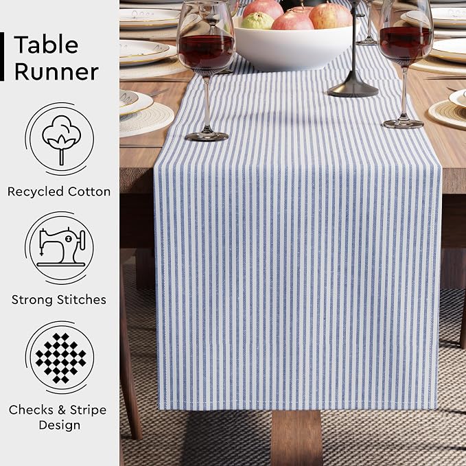 Encasa XO Cotton Dining Table Runner | Ticking Navy Blue | Size 13x94 in - Image 3