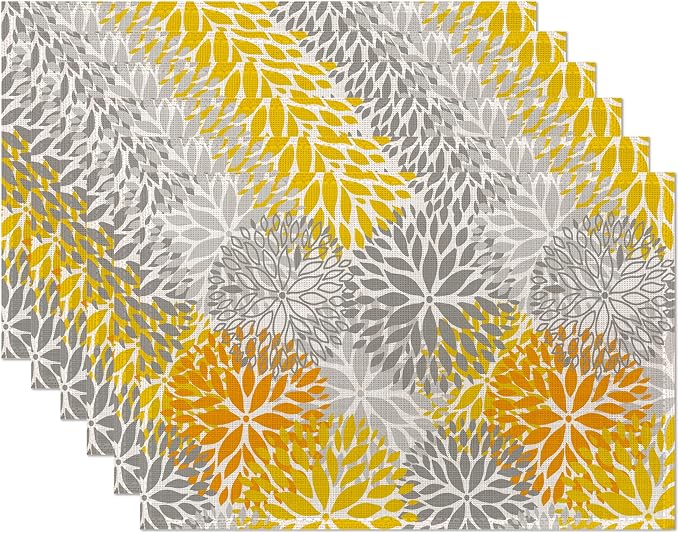 Abstract Yellow Gray Dahlia Flower Placemats Set of 6, Elegant Vinyl Place Mats by CIAIDU