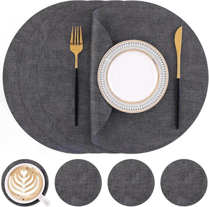 Homaxy Round Faux Leather Placemats and Coasters, Washable Dual-Side Table Mats by Homaxy