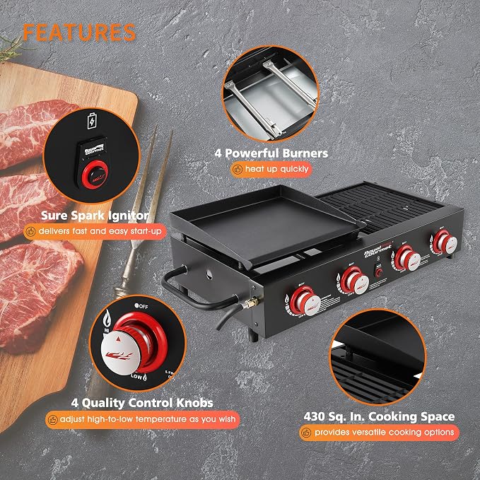 Royal Gourmet GD4002T 4-Burner Tailgater Grill and Griddle Combo, Portable Flat - Image 4