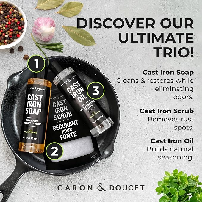 CARON & DOUCET – New Ultimate Cast Iron Set: Seasoning Oil, Cleaning Soap & - Image 3