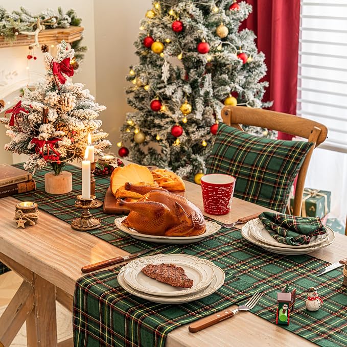Green Yellow Plaid Christmas Table Runner, Winter Holiday Table Runners 72 - Image 5