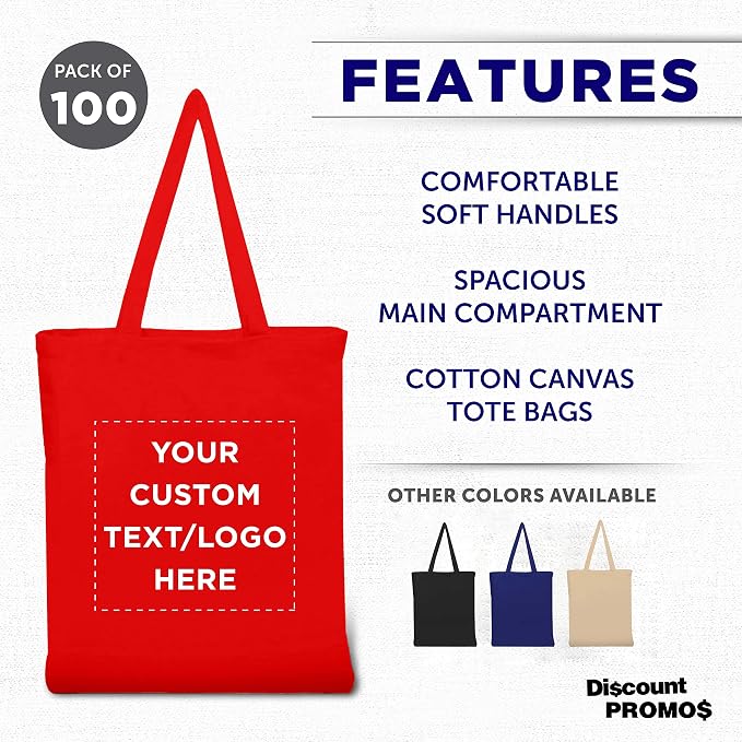 DISCOUNT PROMOS Custom Cotton Canvas Tote Bags Set of 100, Personalized Bulk - Image 2