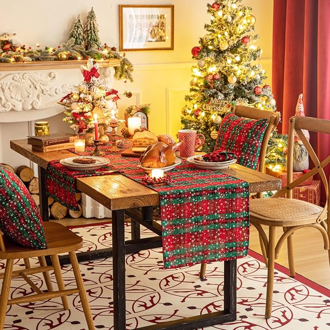 Green Red Plaid Snowflake Christmas Table Runner, Winter Holiday Table Runners - Image 5