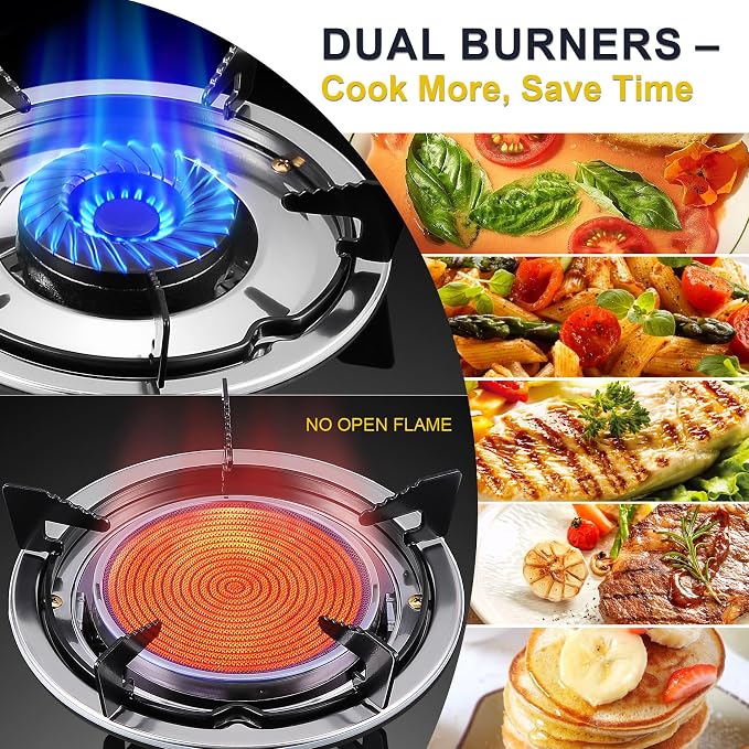 2 Burner Propane Gas Stove, 20472 BTU/h Portable Tempered Glass Camping Stove - Image 4