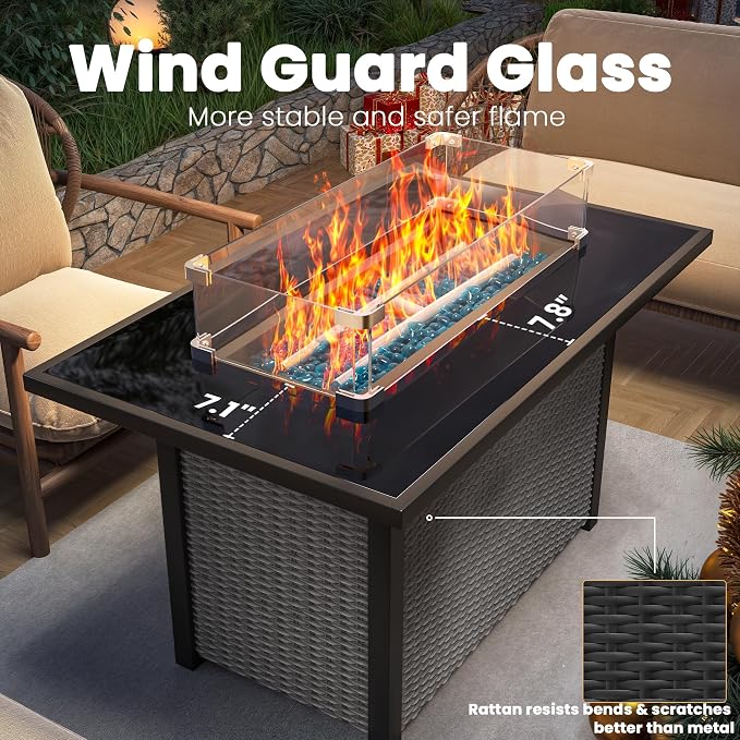 Propane Outdoor Fire Pit Table, Outdoor Gas FirePit W/Glass Wind Guard - Image 3