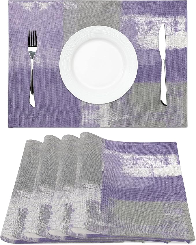 Modern Art Placemats Set of 4 Purple Abstract Painting Place Mats Washable - Image 3
