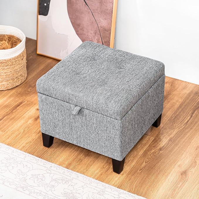 Adeco 17" Square Ottoman with Storage, Small Grey Storage Ottoman Foot Rest - Image 4