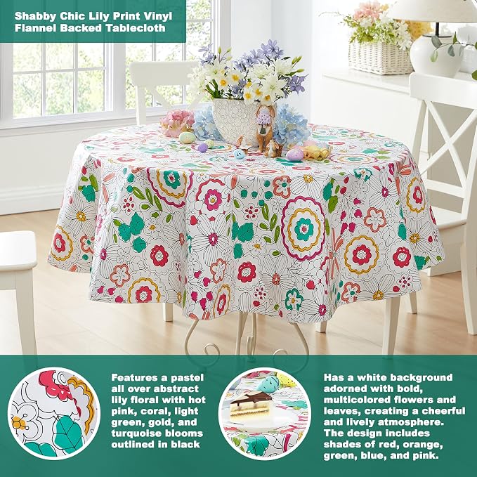 Newbridge Shabby Chic Lily Print 70 Inch Round Vinyl Flannel Backed Tablecloth - Image 2
