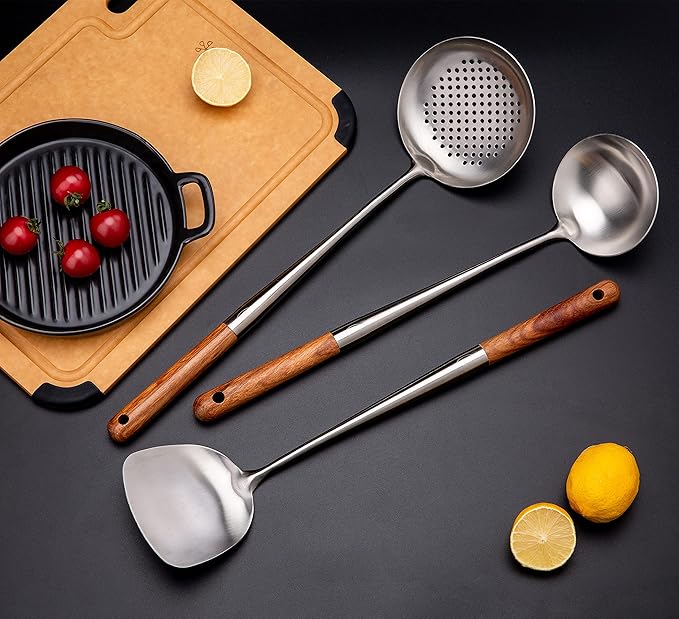 FJNATINH Solid 304 Stainless Steel Skimmer Slotted Spoon Colander Strainer Ladle - Image 5