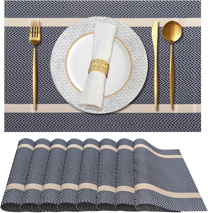 Vinyl Placemats Set of 8, PVC Woven Washable Non-Slip Table Mats, Heat by Gloserin