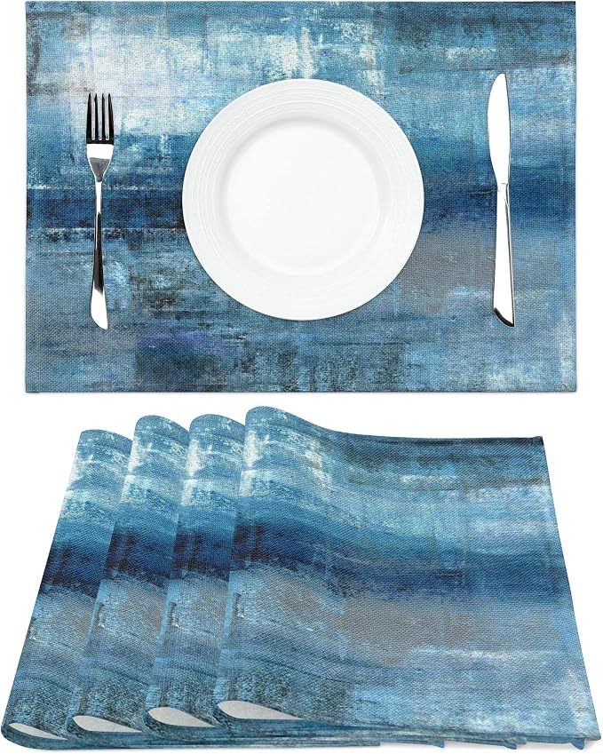 Modern Art Placemats Set of 4 Blue and Grey Abstract Painting Place Mats - Image 3