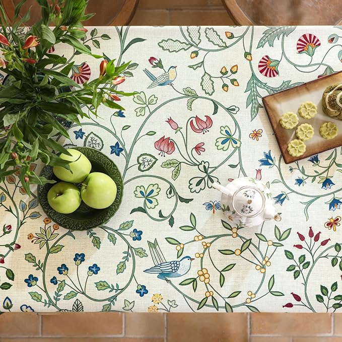 Linen White and Green Tablecloth, Wrinkle Resistant French Vintage Tablecloth - Image 3