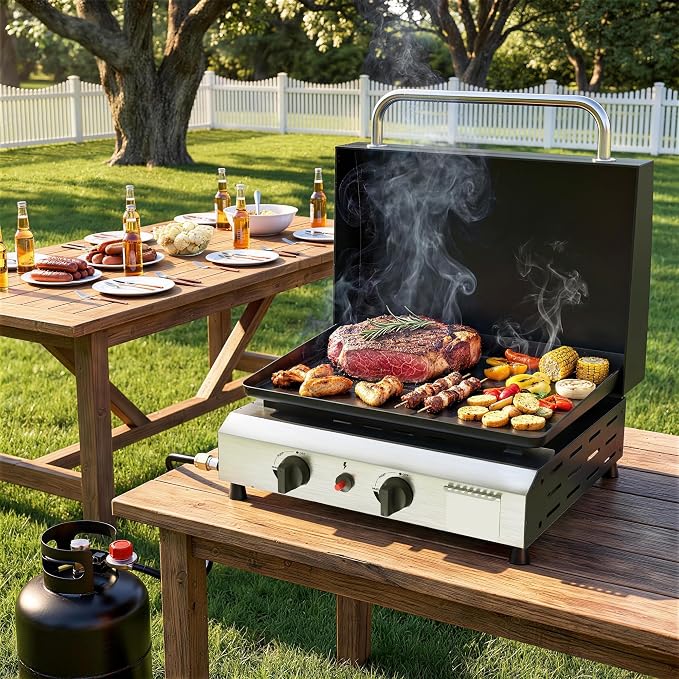 2 Burner BBQ Gas Griddle with Hood, 17.3 Inch Stainless Steel Portable - Image 2