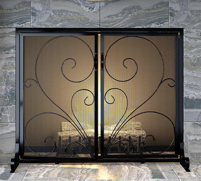 Flat Fireplace Screen with Doors, Solid Wrought Iron Frame with Metal Mesh - Image 6