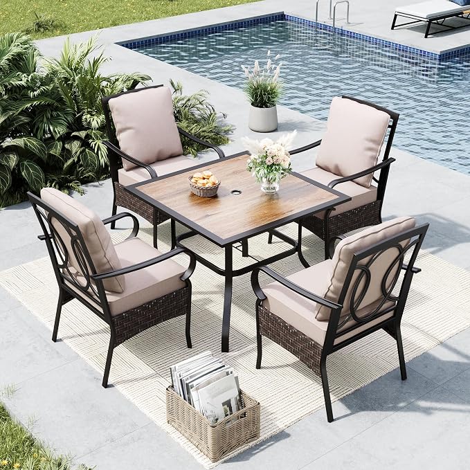 MFSTUDIO 5 Pieces Patio Dining Set, Outdoor 37" Square Wood-Like Table by MFSTUDIO