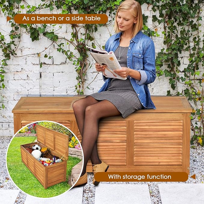 HAPPYGRILL 46 Gallon Acacia Wood Deck Box, Outdoor Storage Box Garden Tools Box - Image 3