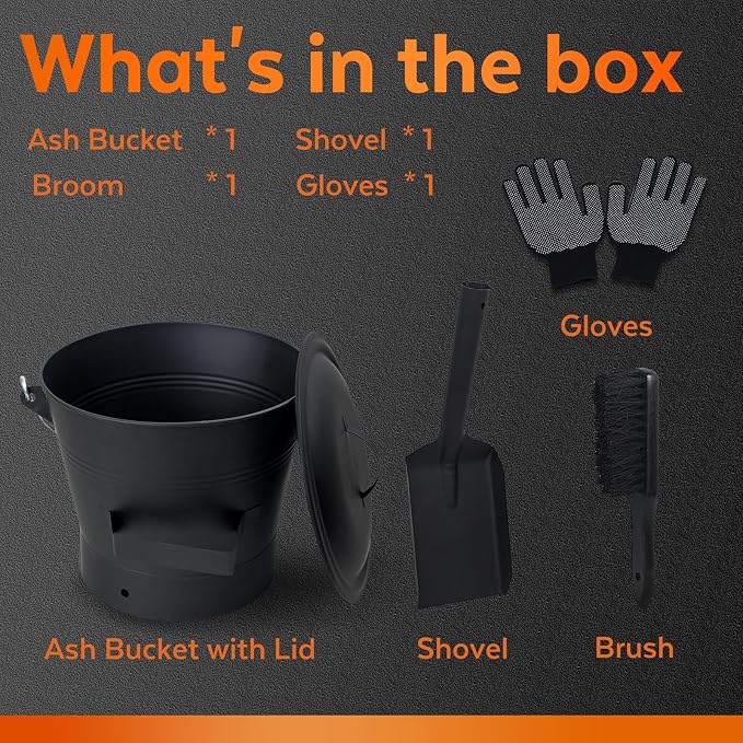 Ash Bucket with Lid and Shovel, 2.6 Gallon Metal Fireplace Ash Bucket with Broom - Image 3