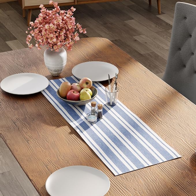 Encasa XO Cotton Dining Table Runner | Franca Blue Stripes | Size 13x36 in - Image 3