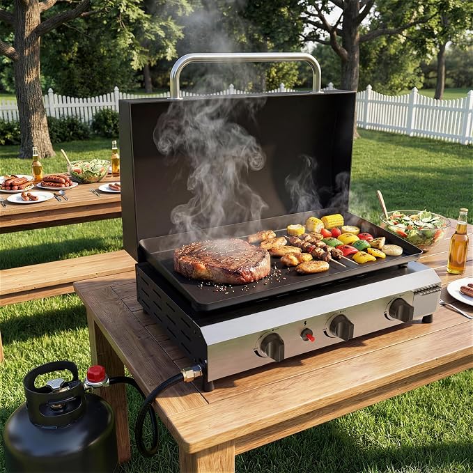 3 Burner BBQ Gas Griddle with Hood, 25.6 Inch Stainless Steel Portable - Image 2