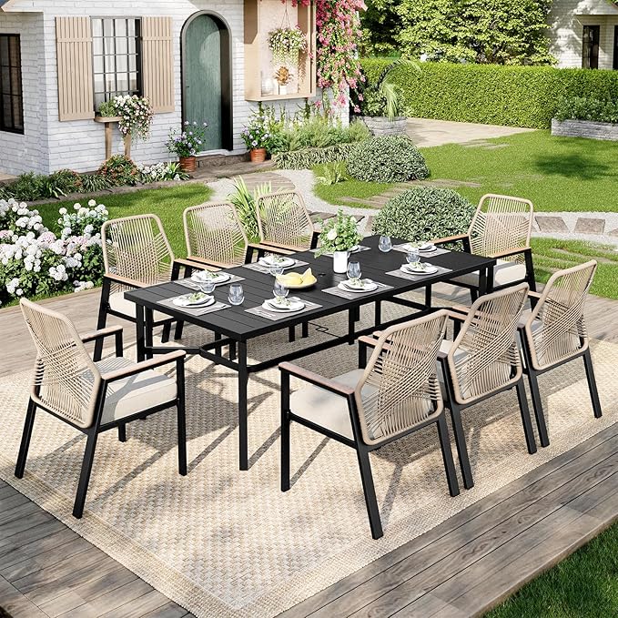 Outdoor Patio Dining Table for 8, All Weather Wrought Iron Black Outdoor Table - Image 2