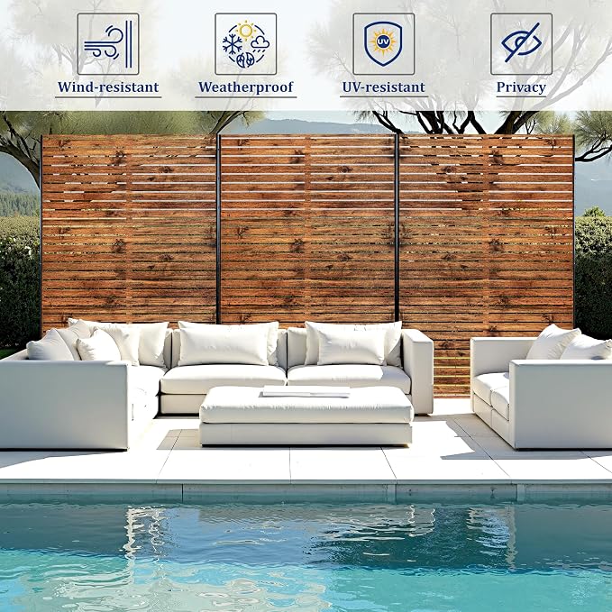 Metal Privacy Screen Outdoor 72" H×47" W Natural Wood Brown Patio Privacy Screen - Image 4