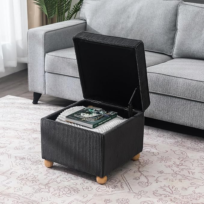 Adeco 17 Inch High Striped Flannel Black Cube Ottoman Storage, 3D Embossed - Image 4