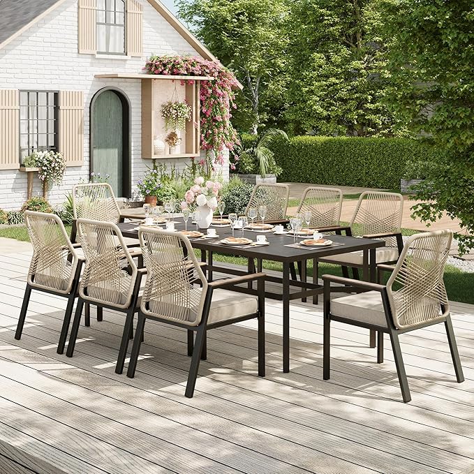 9 Pieces Outdoor Dining Set for 8, Patio Dining Set Wicker Rattan Chairs by MIXPATIO