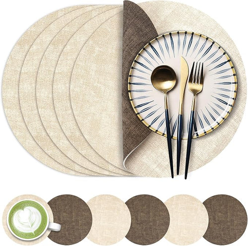 13-Inch Faux Leather Round Placemats Set of 6, Waterproof Anti-Slip Dual Sided by Fyvva