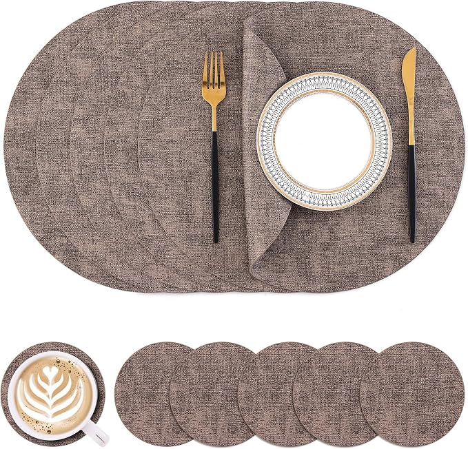 Homaxy Round Faux Leather Placemats and Coasters, Washable Dual-Side Table Mats by Homaxy