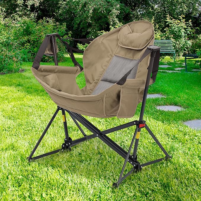 Camping Chair, Adjustable Recline, Foldable Polyester, Brown