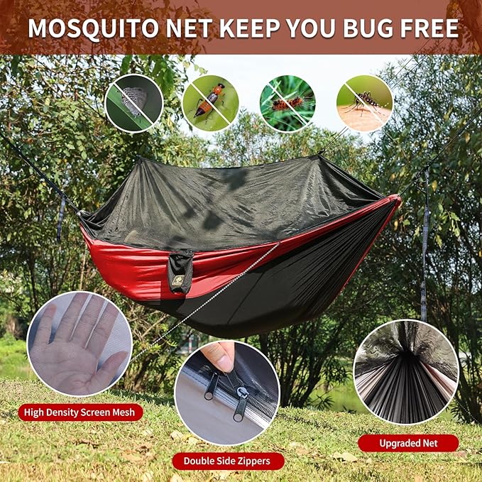 Hammock with Built-In Mosquito Net, 210T Nylon, Black and Red