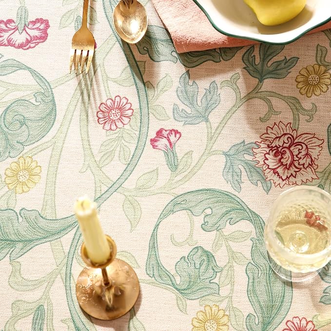 patdrea Designer Vintage Green Round Tablecloth, Linen Leaves Floral Pattern - Image 3