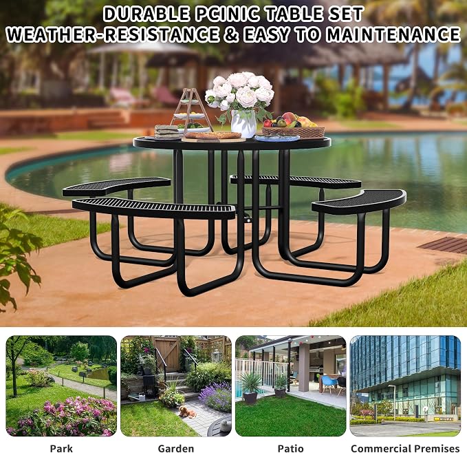 46'' Round Metal Picnic Table for Outdoors, Commercial Steel Metal Picnic Tables - Image 7
