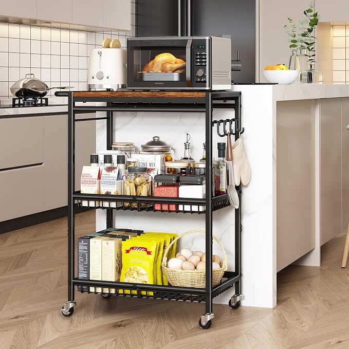 Microwave Kitchen Cart with Push Handle, 3 Tier Rolling Cart with 2 Lockable - Image 5