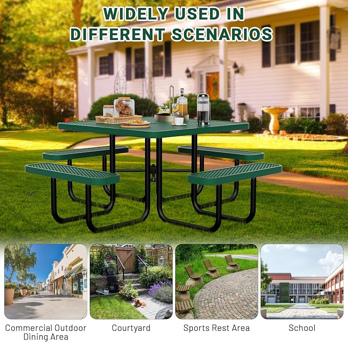 46" Square Picnic Table for Outside, Heavy Duty Metal Picnic Table Bench Set - Image 7