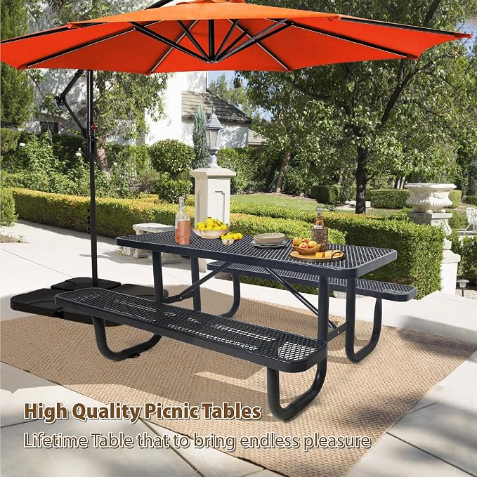 6FT Rectangular Steel Outdoor Picnic Table, Commercial Black Picnic Table Bench - Image 6