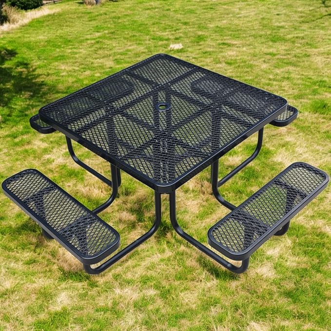 46" Square Picnic Table W/Benches, Heavy Duty Metal Picnic Table Set by HIMcup
