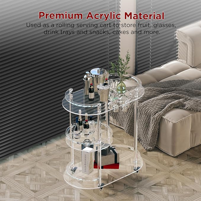 Dethan Acrylic Bar Cart with 4 Lockable Wheels, Oval Modern Home Beverage - Image 6