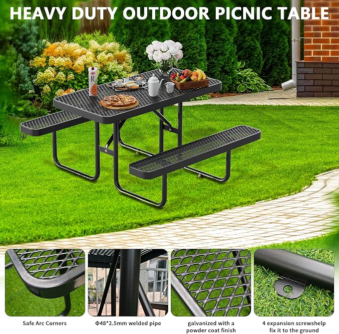 4 FT Metal Picnic Tables for Outside, Outdoor Coated Steel Heavy Duty - Image 6