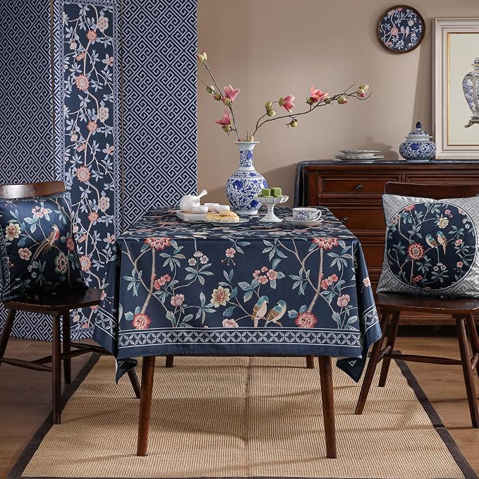 patdrea Designer Dark Blue Linen Rectangular Tablecloth, Vintage Navy French - Image 3