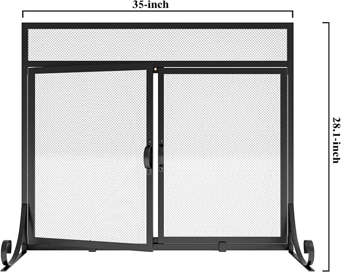 Flat Fireplace Screen with Doors, Solid Wrought Iron Frame with Metal Mesh - Image 5