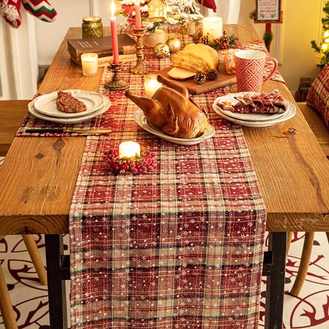 Red Plaid Snowflake Christmas Table Runner, Winter Holiday Table Runners 108 - Image 4
