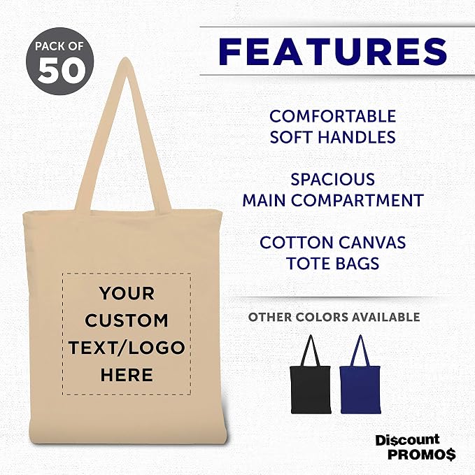 DISCOUNT PROMOS Custom Cotton Canvas Tote Bags Set of 50, Personalized Bulk Pack - Image 2
